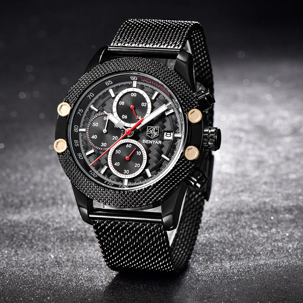 

Fashion 2019 BENYAR Sport Chronograph Watches Men Mesh Band Waterproof Luxury Quartz Watch mens watches top brand luxury @5