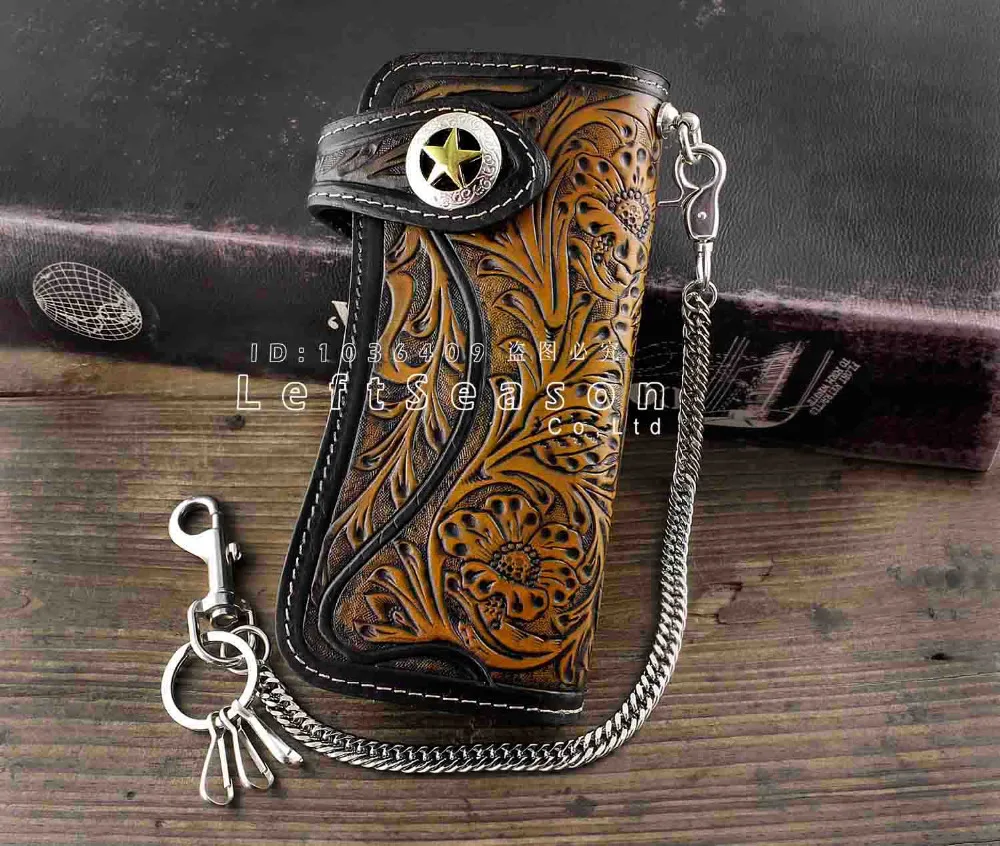 

Mens Tan Carved Long Leather Wallet With Biker Trucker Chain