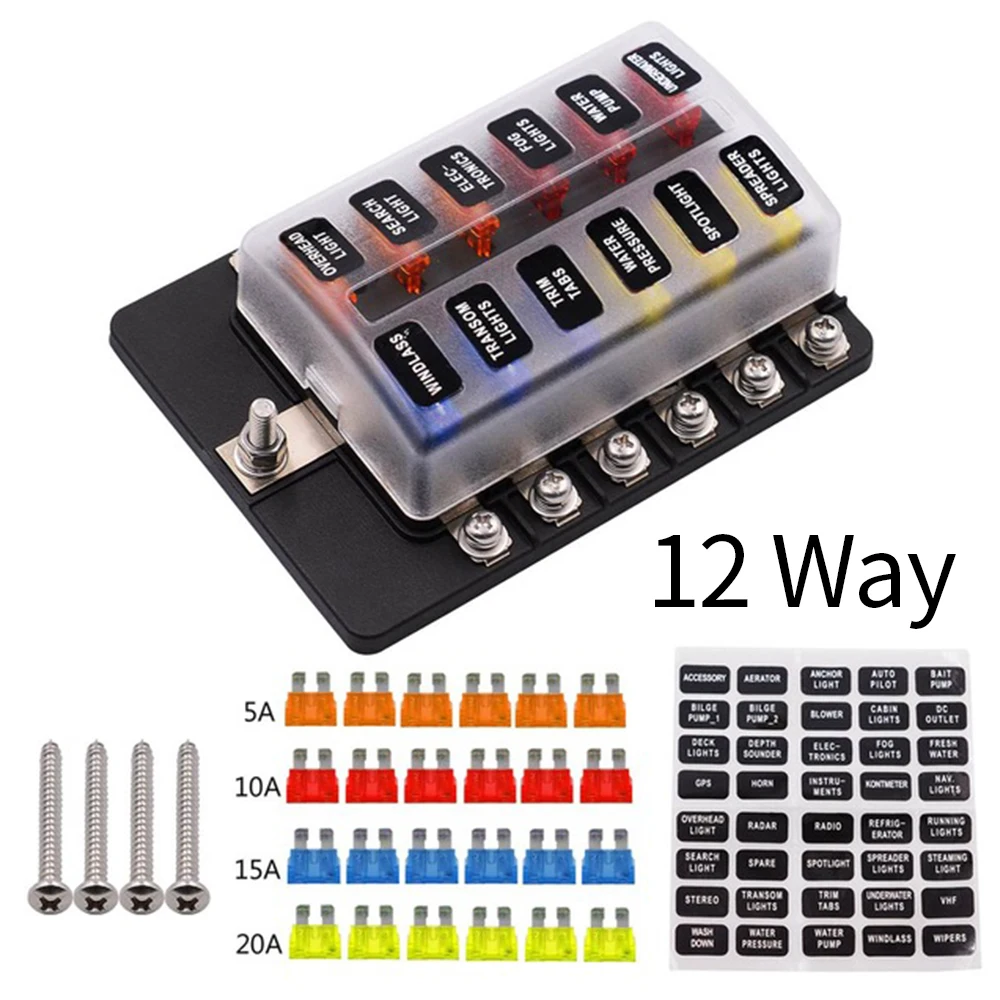 

12 Way 12V 24V Blade Fuse Box Holder with LED Warning Light Kit for Car Boat Marine Trike