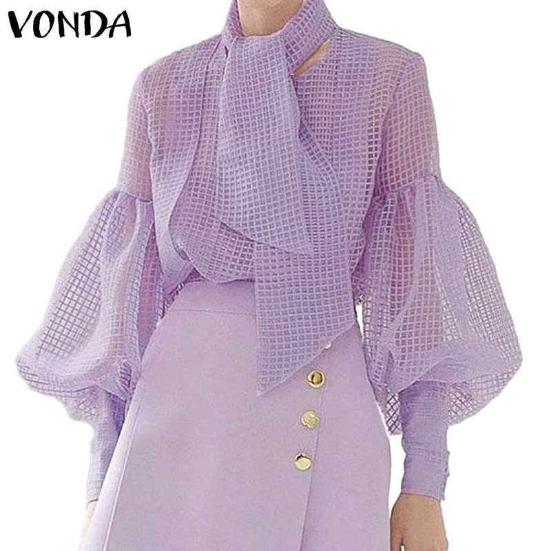 Рубашки женские блузки сексуальные открытые топы с рукавами-фонариками элегантные женские майки с шарфом VONDA прозрачные блузы плюс
