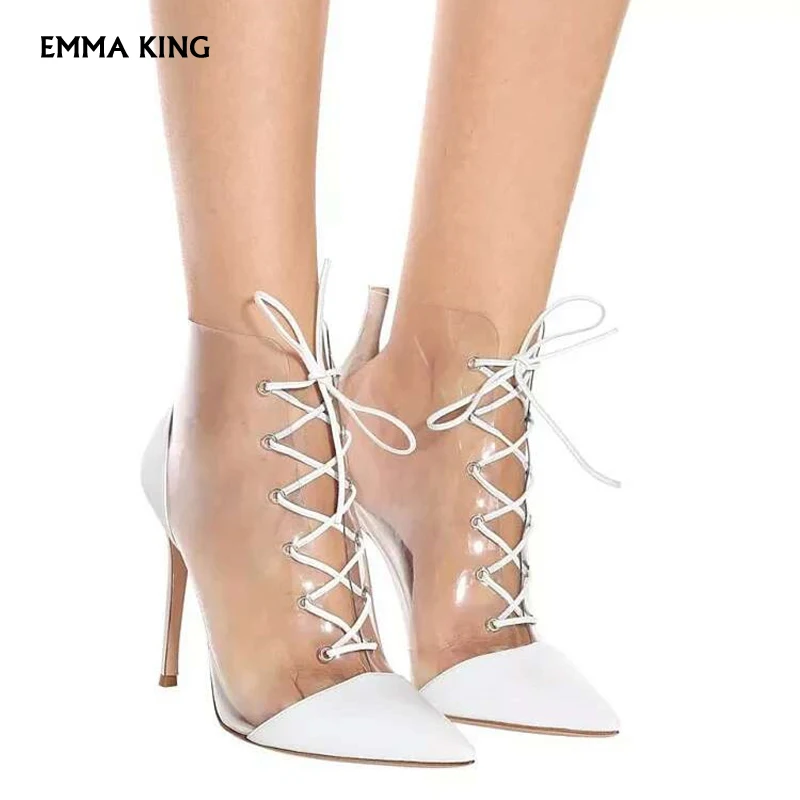

EMMA KING Ankle Boots Transparent PVC with Black PU Pointed Toe Thin High Heels Lace Up Woman Autumn Shoes Women Designers