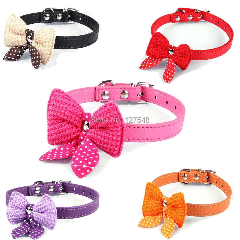 

Knit Bowknot Adjustable Leather Dog Puppy Pet Collars Necklace,Collars For Dogs,Cat collar perro,Size XS S M