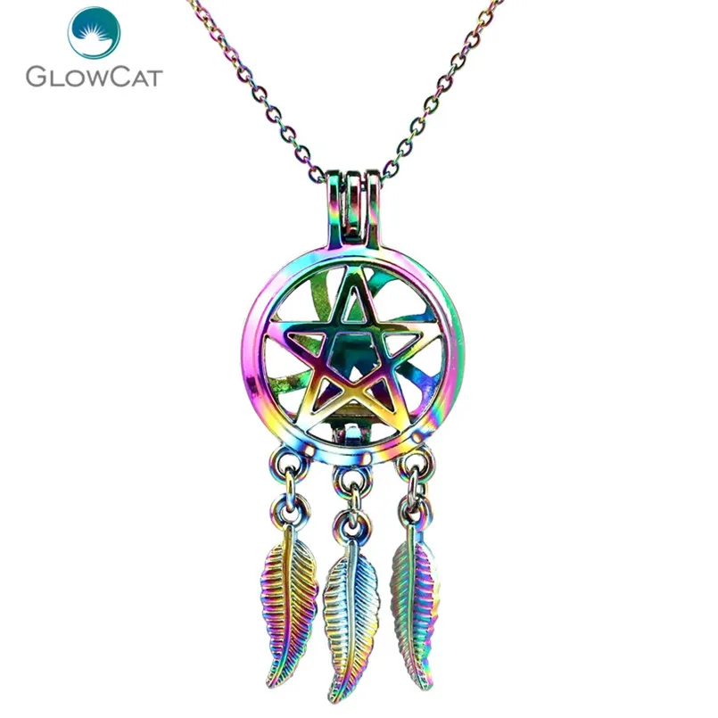 

C729 Rainbow Color Beaty Dream Catcher Pentagram leaf Cage Pendant Aroma Essential Oil Diffuser Locket Necklace