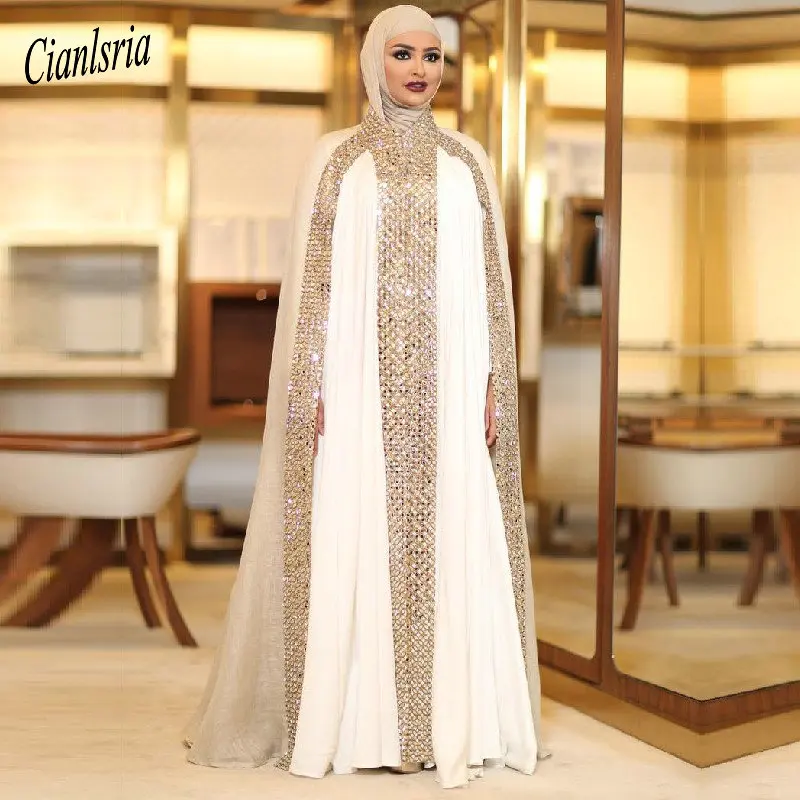 Champagne Dubai Kaftan Arabic Islamic Muslim Evening Dress Long Sleeve Beading Rhinestone Formal Evening Party Dresses Vestido Champagne Dubai Kaftan Arabic Islamic Muslim Evening Dress Long Sleeve Beading Rhinestone Formal Evening Party Dresses Vestido