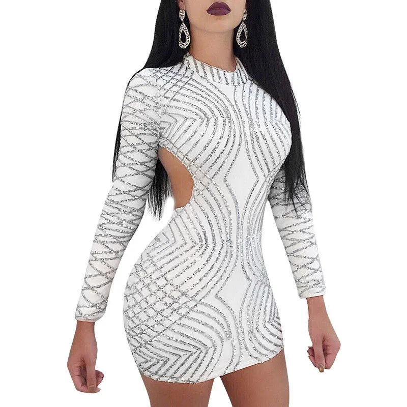 

Fashion Women Sexy Backless Sequin Dresses Full Sleeve Slim Sheath Vestido Bodycon Dress Printing Party Mini Short Dress Clothes