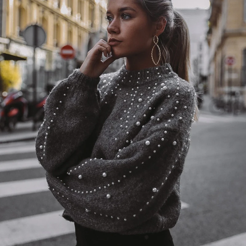 2018 Women Pearl Beading Turtleneck Lose Sweater Pullover