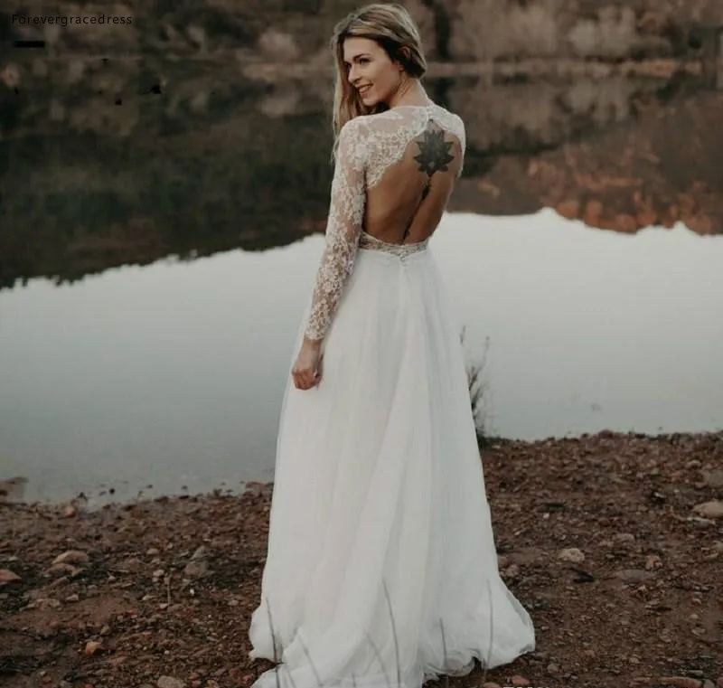 Beach Garden Boho Long Sleeve Wedding Dresses Western Country Style Sheer Lace Appliques Sexy Hollow Back Long Bohemian Bridal Gowns  139 (1)