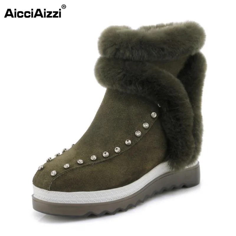 

AicciAizzi Cold Winter Real Leather Snow Boots With Thick Fur Inside Women Rivets Platform Shoes Women Mid Calf Botas Size 34-39