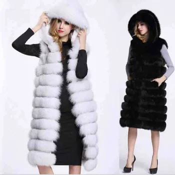 

2018 Winter Faux Fox Fur Long Vest Coats Hooded Sleeveless Jacket Vests Women Waistcoat Silver Fox Warm Faux Fur Teddy Coat