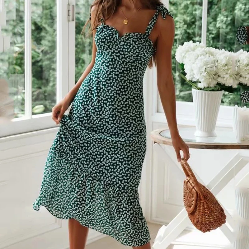 Женское винтажное длинное пляжное платье robe femme зеленое цветочное на лямках
