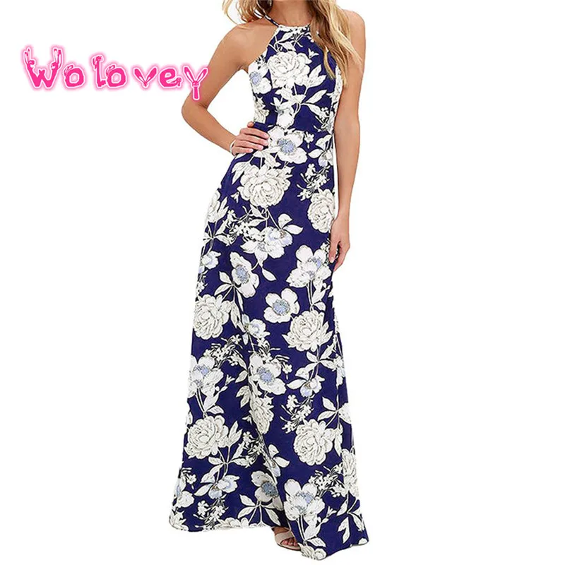 

2017 Womens Summer Maxi Dresses New Arrival Ladies Boho Dress Sleeveless Blue Halter Neck Floral Print Vintage A Line Wolovey#20