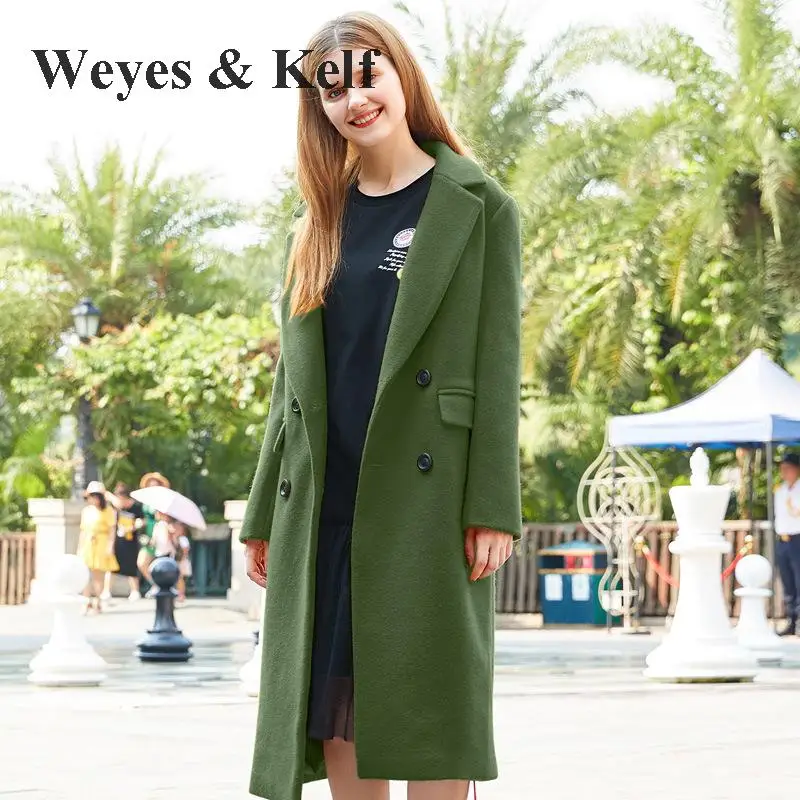 Женское двубортное пальто Weyes & Kelf желтое/темно зеленое шерстяное с длинным