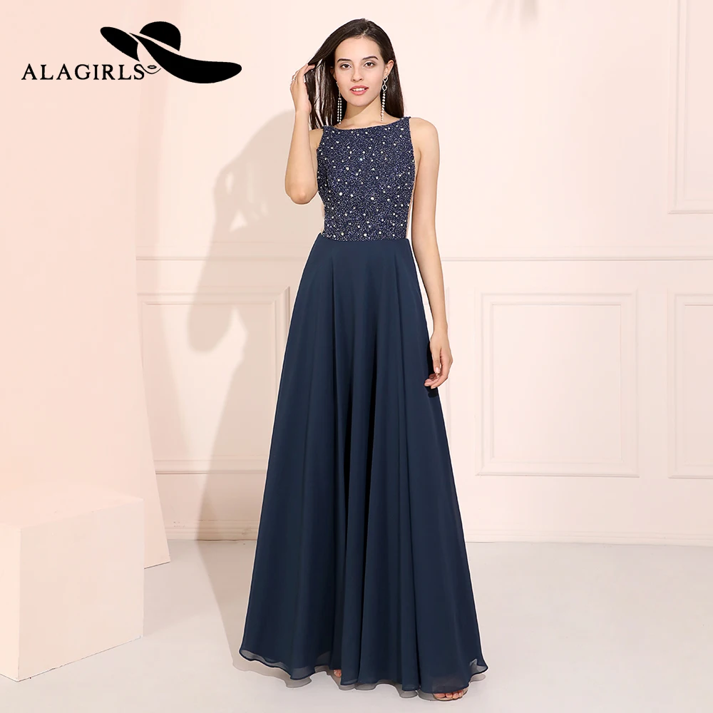 

Alagirls A Line Chiffon Beading Prom Dresses Sexy Backless Evening Dress Vestido de fiesta Formal Party Dress Vestido de noche