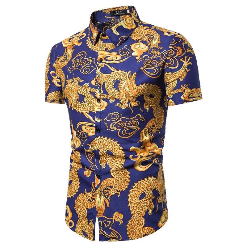 

2019 New Men's Summer Dragon Print Shirts Short Sleeve Casual Tops Male Blouse Fashion Slim Boho Hawaiian Beach Shirt For Men