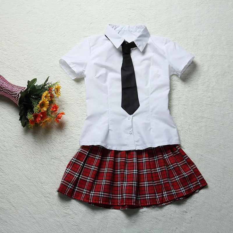 Рубашка с короткими рукавами японские школьницы Косплэй костюм матрос платье Красный клетчатая юбка uniformes japonais костюмы для Для женщин