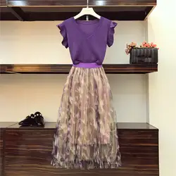 Летние Повседневное Для женщин 2 шт. комплект с юбкой Модные фиолетовые вязаный кардиган с воланами топ + Элегантный принт сетки