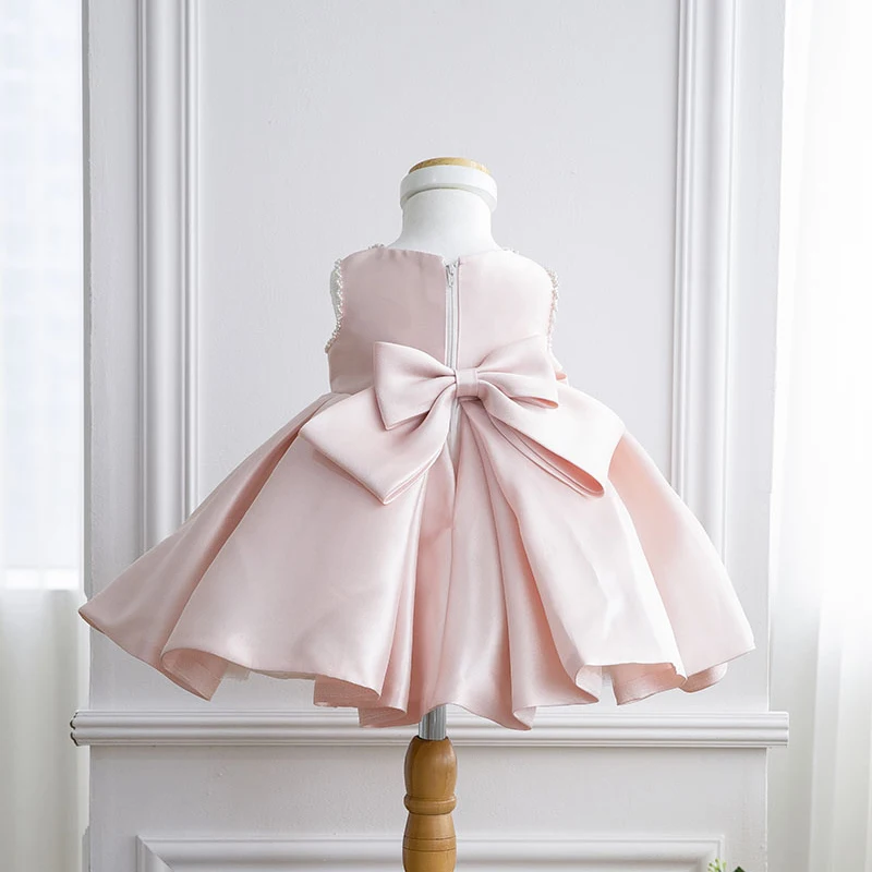 Розовое Тюлевое платье для маленьких девочек для малышей 1 год День рождения без рукавов бисером кружево крещение новорожденного крестины