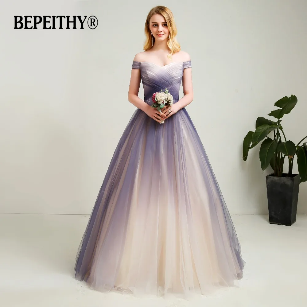 

2019 New Design Off The Shoulder A line Long Prom Dresses Gradient Soft Tulle Long Evening Party Dress Vestido De Festa