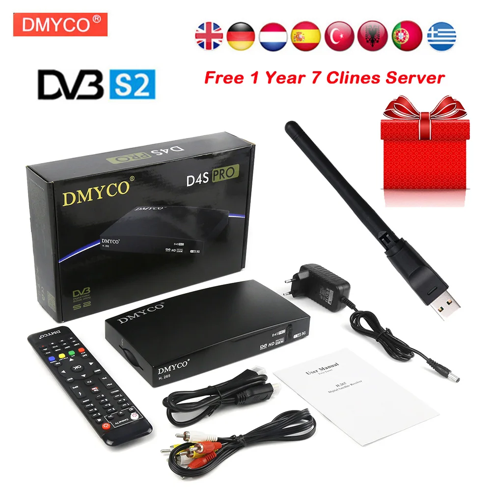 

1 Year Europe Spain Italy Arabic 7 Clines Server HD D4S PRO Satellite Receiver DVB-S2 TV Tuner Full 1080P with USB WIFI Antenna