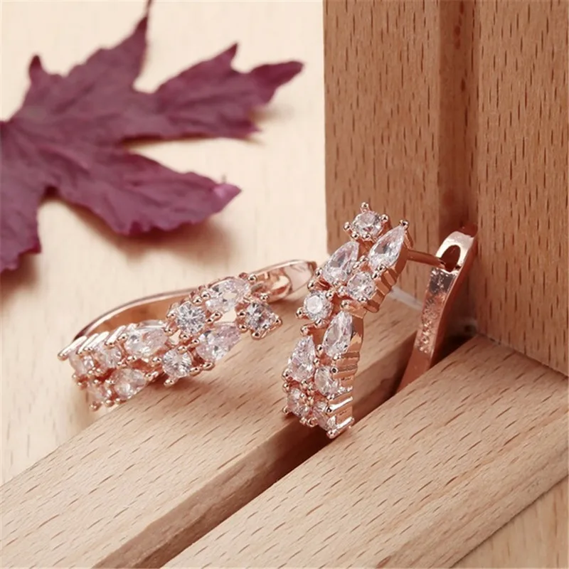 Роскошное розовое золото цвет кристалл кольцо с цирконами Серьги для женщин украшение для свадьбы помолвки CZ Серьги Bijoux заявление Brincos подарок
