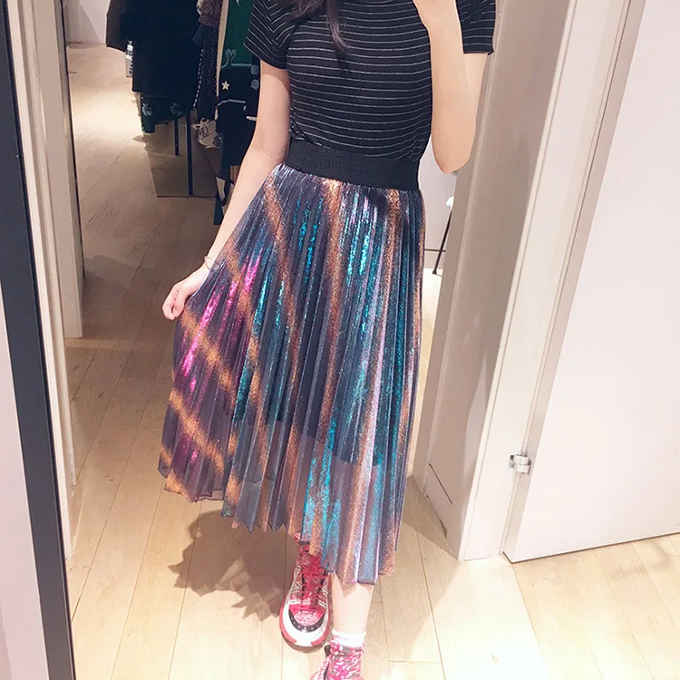 

2019 Spring Summer New Body Gradient Color Striped Grid Fairy Women's Skirt Knee-Length Print Skirt Women