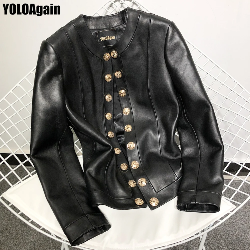 

YOLOAgain Women genuine leather jacket ladies quality double breasted real leather jacket