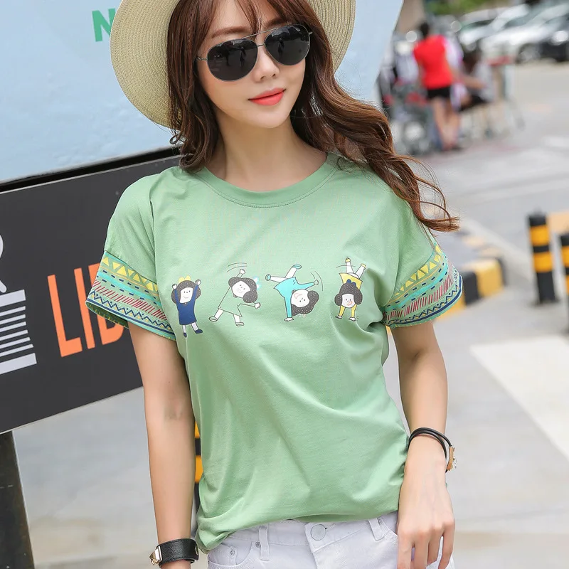 

Ladies Korean version of the loose printed short-sleeved combed cotton spring and summer cotton refreshing T-shirt