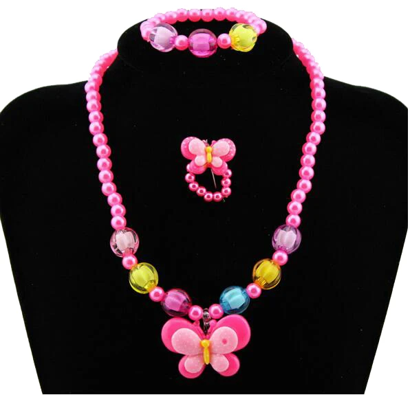 

1Set=3pcs Imitation Pearl rose pink butterfly Necklace Bracelets rings kid's Children Jewelry Sets for Xmas party girl's Gift
