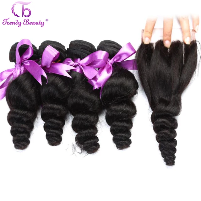 Indian Loose Wave Human Hair 4Bundles With 5x5 Lace Closure