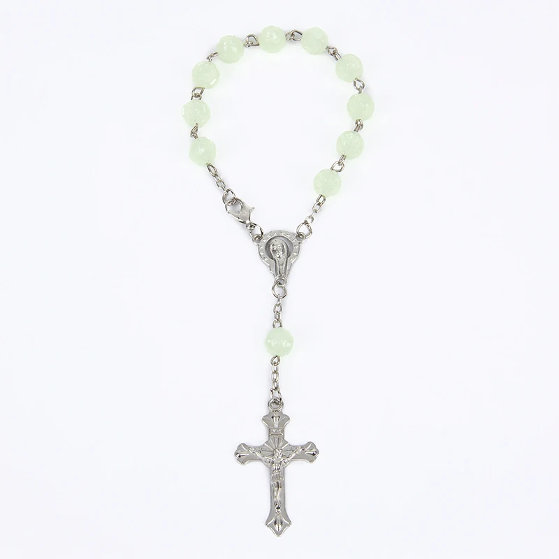

New Trendy Plastic Luminous rose bead Bead catholic rosary cross Pendant Bracelet For Women Jewelry Bangles Religious Gifts
