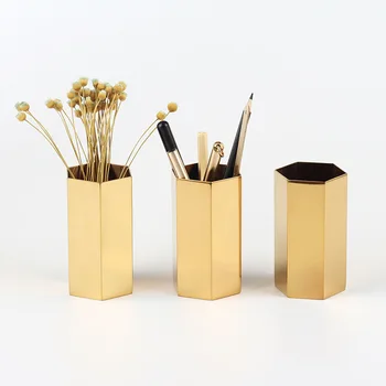 

Nordic Style Copper Geometric Pen Container Home Office Storage Box House Desk Zakka Organizer Stainless Steel Gold Insert Vase