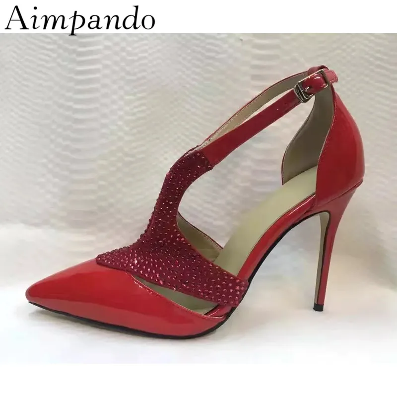 

Sexy Red Patent Leather Women Pumps Thin High Heels Studded Buckle Bling Crystal Rhinestone Party Shoes Woman