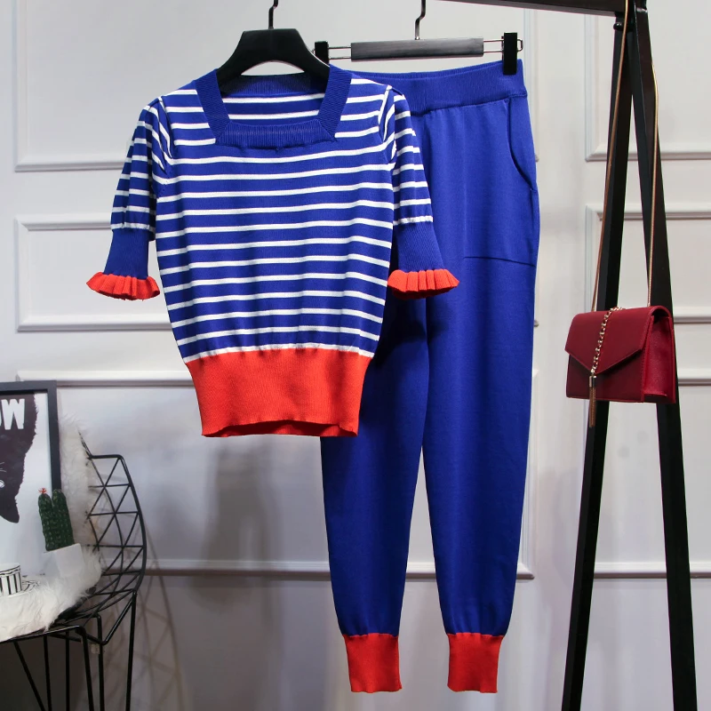 

Taotrees knitted summer suits multicolor striped lotus-leaf short sleeve T-shirt tops and pencil pant two piece set