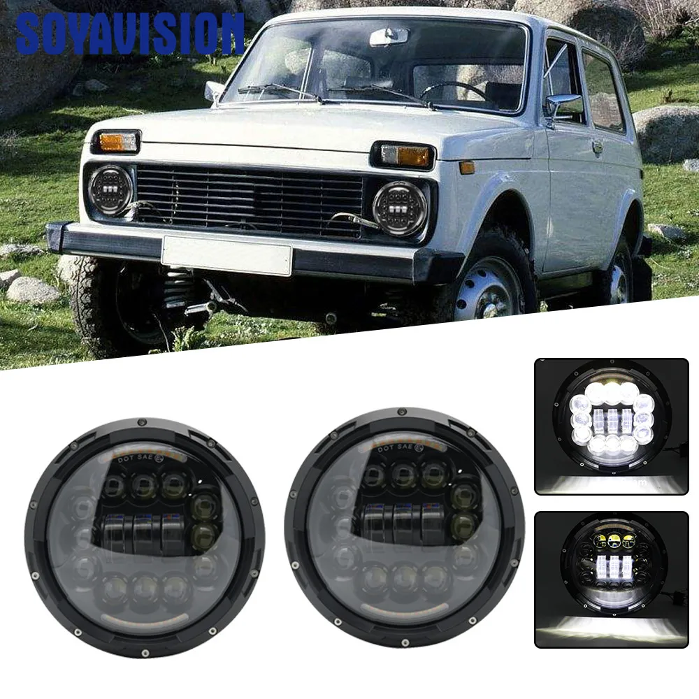 

2X 7 Inch 90W 80W H4 LED Round Headlight Moto Projector LED Headlamp With Angle Eyes & DRL &Turn light For Jeep Lada Niva