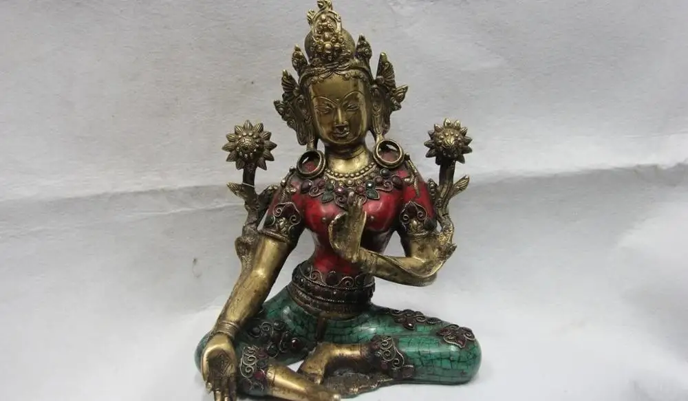 

12 Tibet Copper Gilt inlay turquoise Ruby beryl Green TaRa padma Kwan-Yin Buddha 8.02
