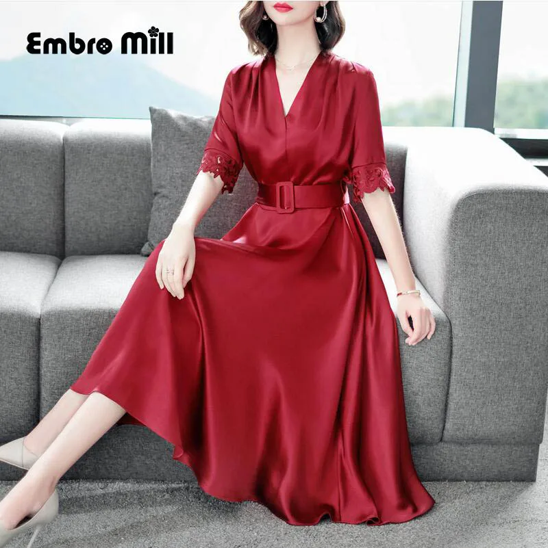 

The New Street style Summer dress 2019 woman V-neck High waist Slim splice Lace Short sleeve party dress S-XL