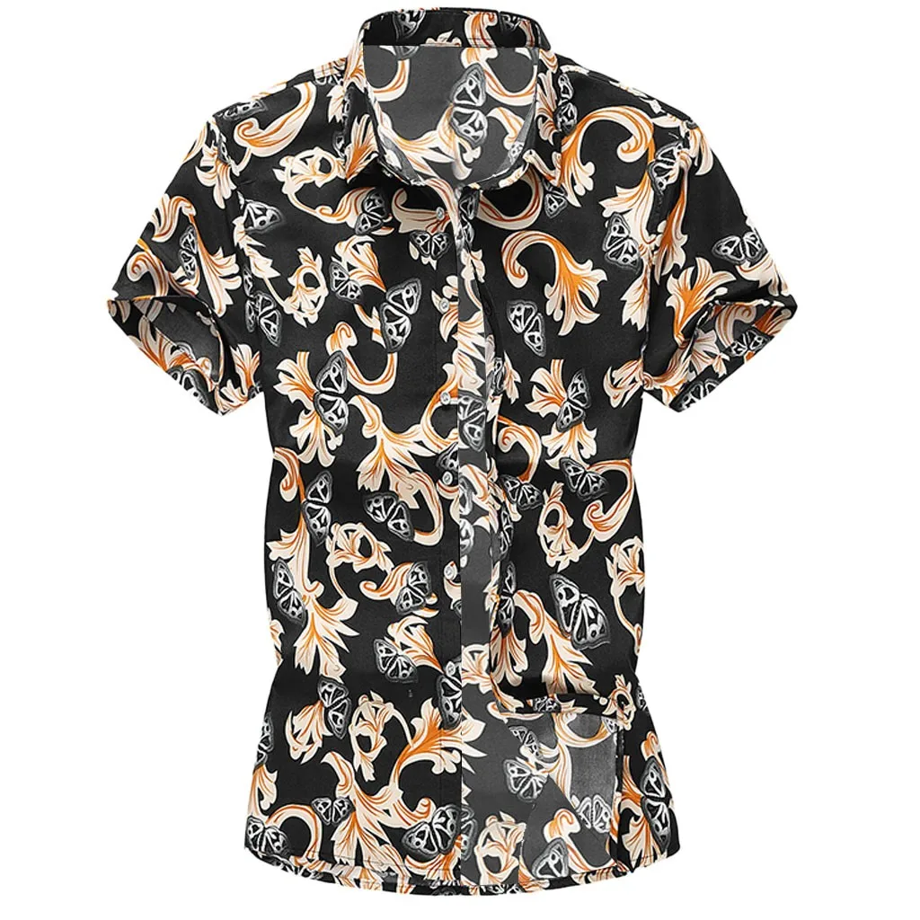 Для мужчин печати кнопки отложным воротником Slim Fit Футболка с коротким рукавом блуза Топ
