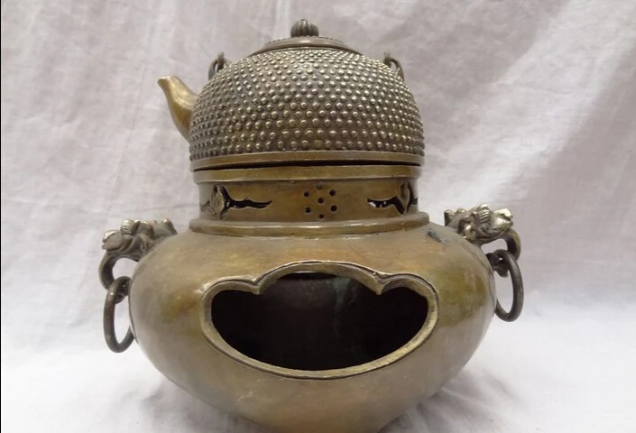 

Collectible bronze S1347 11" Chinese Bronze Collect FengShui Dragon Lion Head Statue Wine Pot Teapot B0403