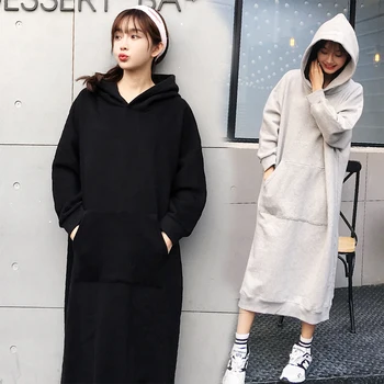 

2019 Autumn New Women's Long Hoodies Korean Fashion Casual Solid Color Hood Loose Womens Hoodies Pullover Plus 4XL Oversize