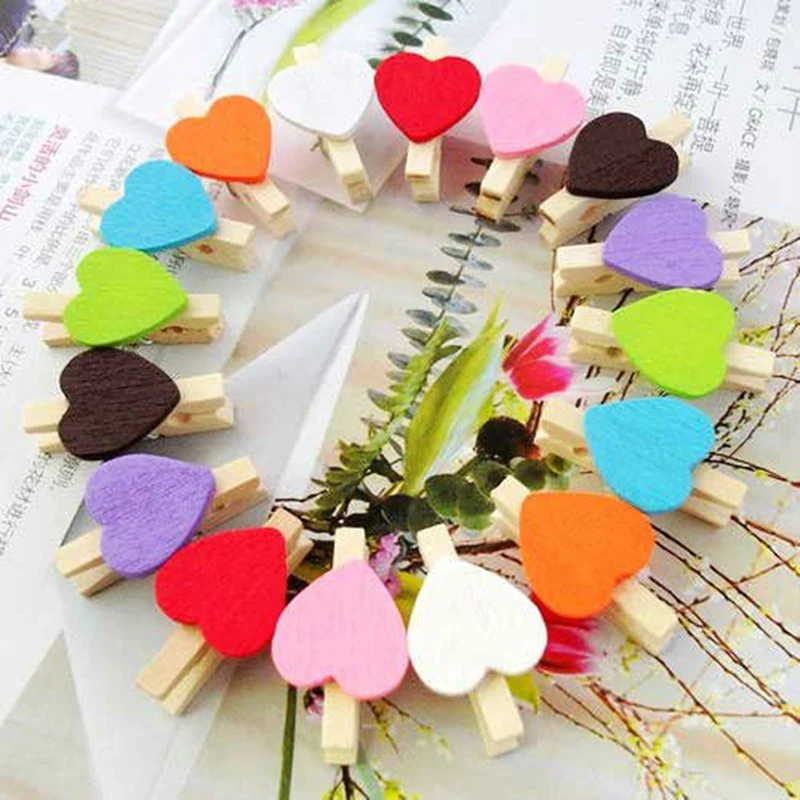 

50Pcs Colored Mini Love Heart Wooden Clothes Pegs Office Supplies Craft Clips Cute Handicrafts Decorative Photos Papers Pegs