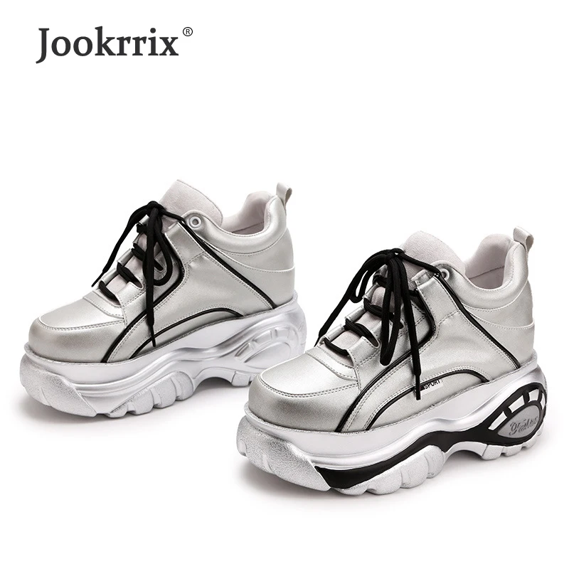 Jookrrix/Предпродажная обувь белого цвета; женские брендовые кроссовки на платформе; женская обувь, увеличивающая рост; chaussure; обувь на липучке; женская обувь серебристого цвета высокого качества