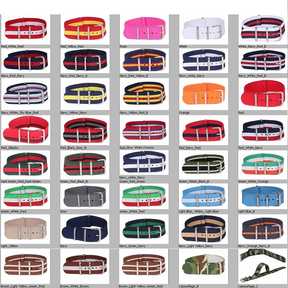 

Wholesale Stripe Cambo Solid Black Watch 22 mm Multi Color Army Military nato fabric Nylon watchbands Strap Bands Buckle 22mm