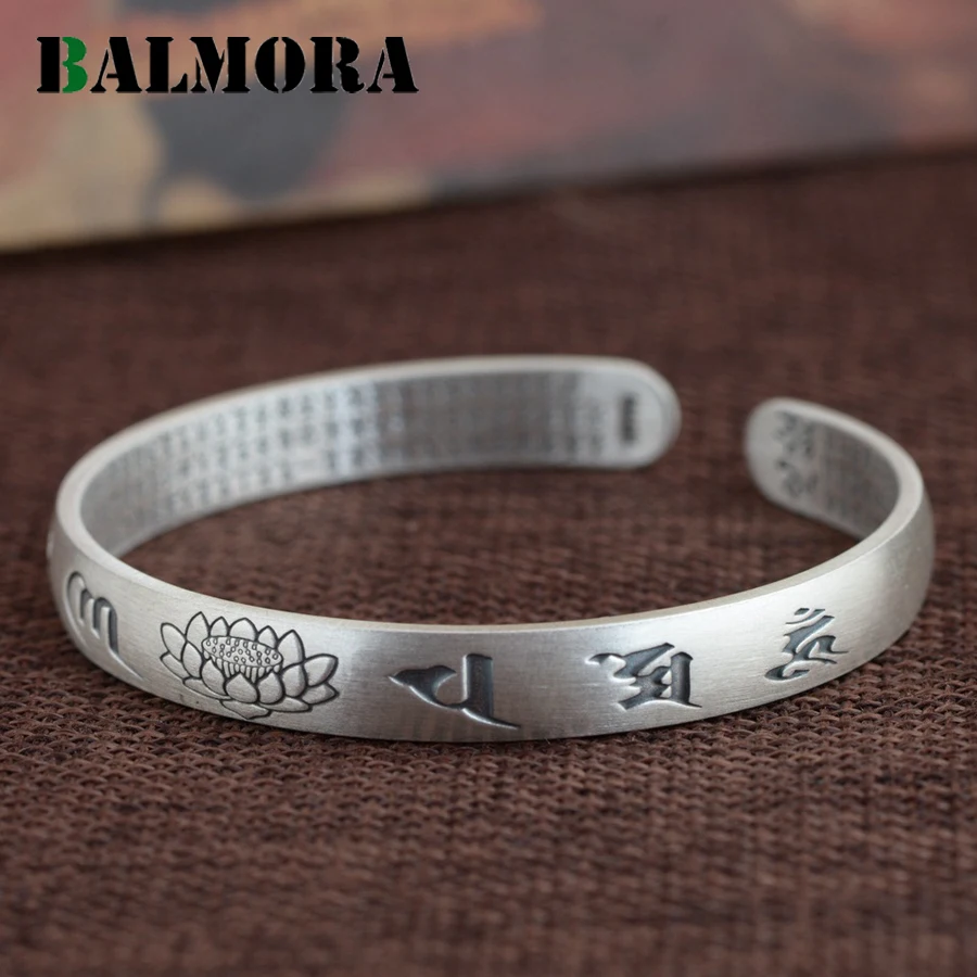

BALMORA 990 Pure Silver Vintage Lotus Buddhistic Six Word Open Bangles for Women Gift Thai Silver Jewelry High Quality SZ0407