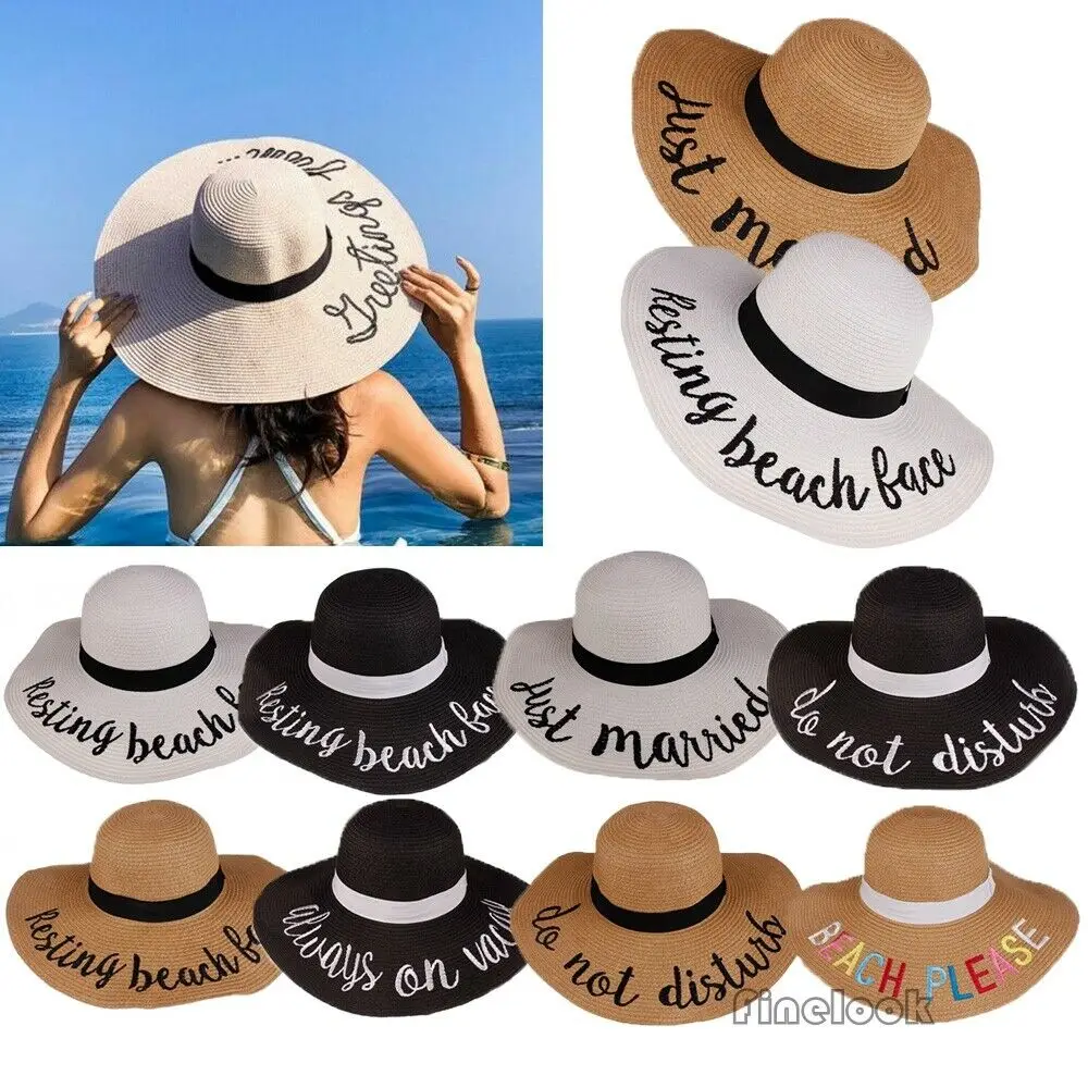 

Women Hat Wide Brim Straw Beach Hats Outdoor Floppy Fold Hats Sun Protection Letter Embroidered Caps