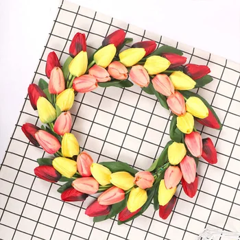 

Artificial Tulip Flower Wreath, Colorful Silk Tulips Front Door Wreath With Green Leaves Decor For Home Wall Wedding