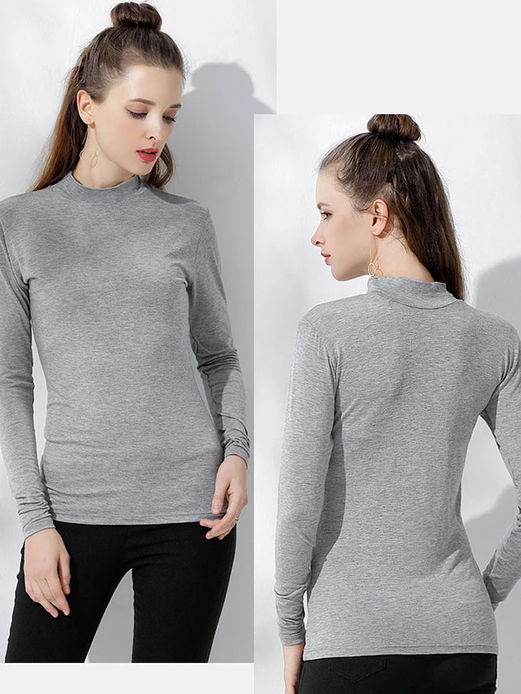 

2019 Spring Modal Pullovers Turtleneck Basic Women Tshirt Long Sleeve Korean Style Slim Fit Black Turtleneck Tops plus size 104#