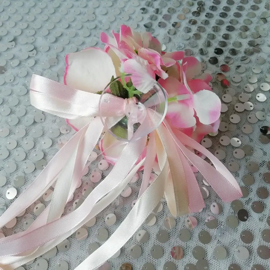 2pcs Artificial Ribbon Flowers Wedding Car Mirror Door Handles Decor Pink