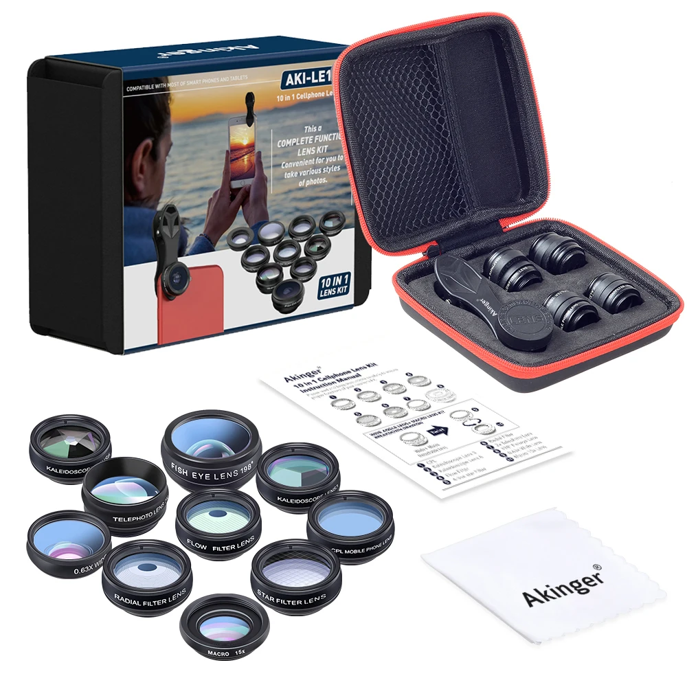 

Akinger 10 in 1 Phone lens kit camera Lens Fisheye Wide Angle macro telescope Lenses for iphone xiaomi samsung galaxy smartphone