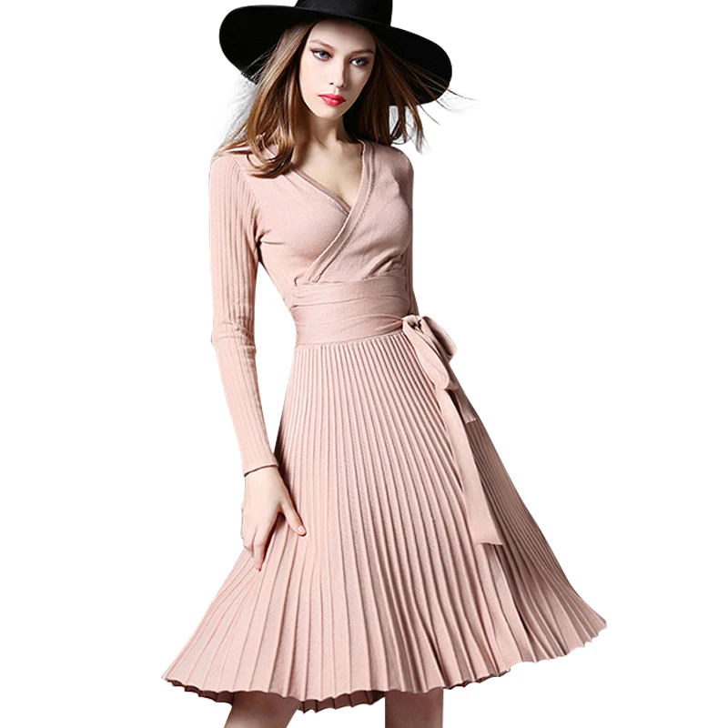 2018 Для женщин Осень хаки красный миди Элегантный Vestido Пояс Плиссированные Винтаж
