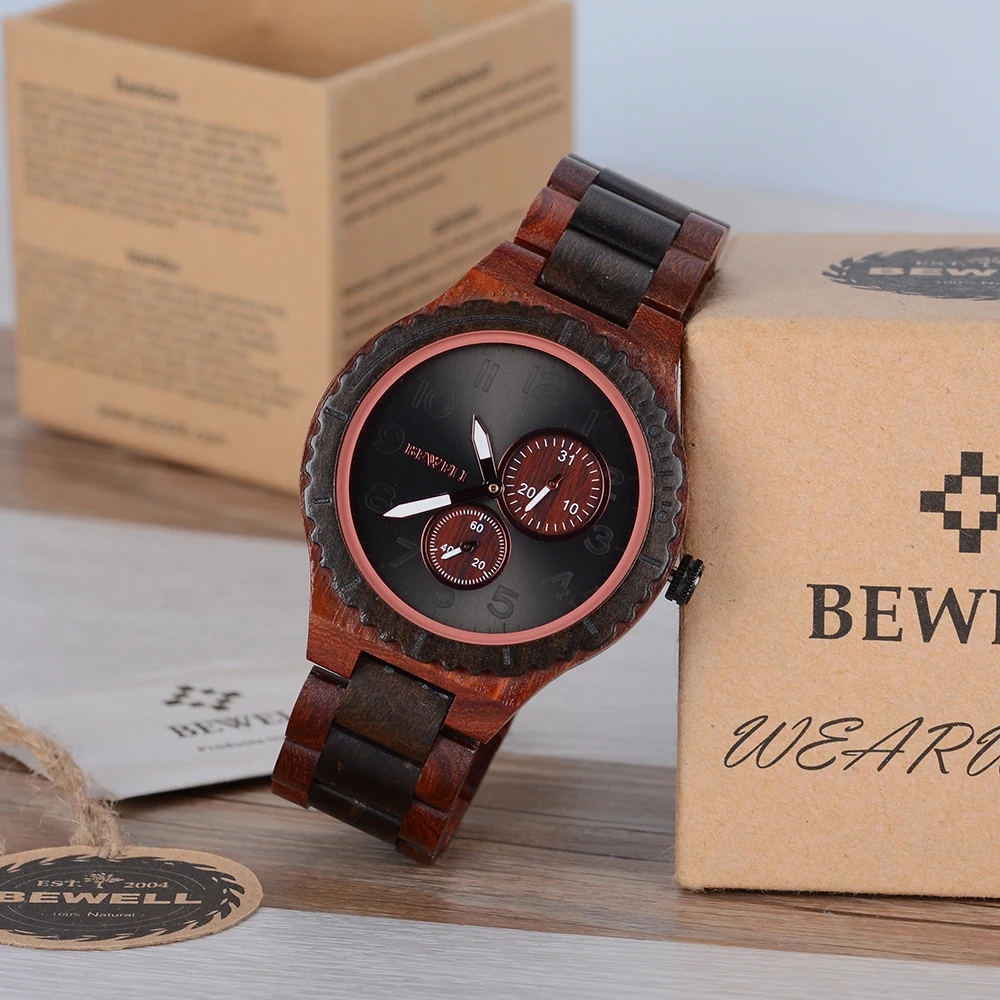 Мужские часы Bewell от ведущего бренда, Роскошные Кварцевые деревянные часы, мужские часы с секундомером и датой, светящиеся винтажные аналоговые наручные часы с таймером 154A